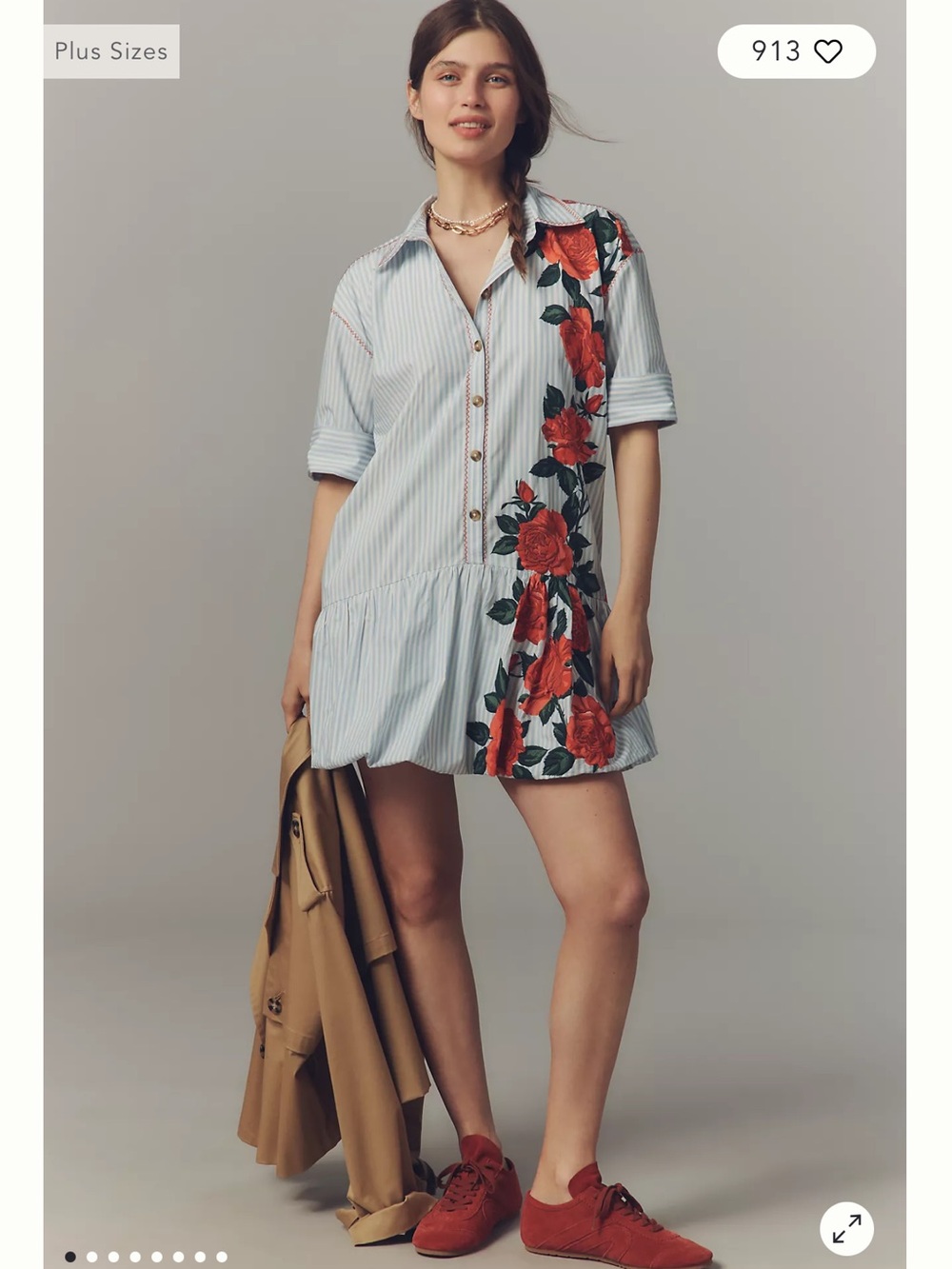 Maeve White & Green Striped Mini Dress with Red Rose Appliqué